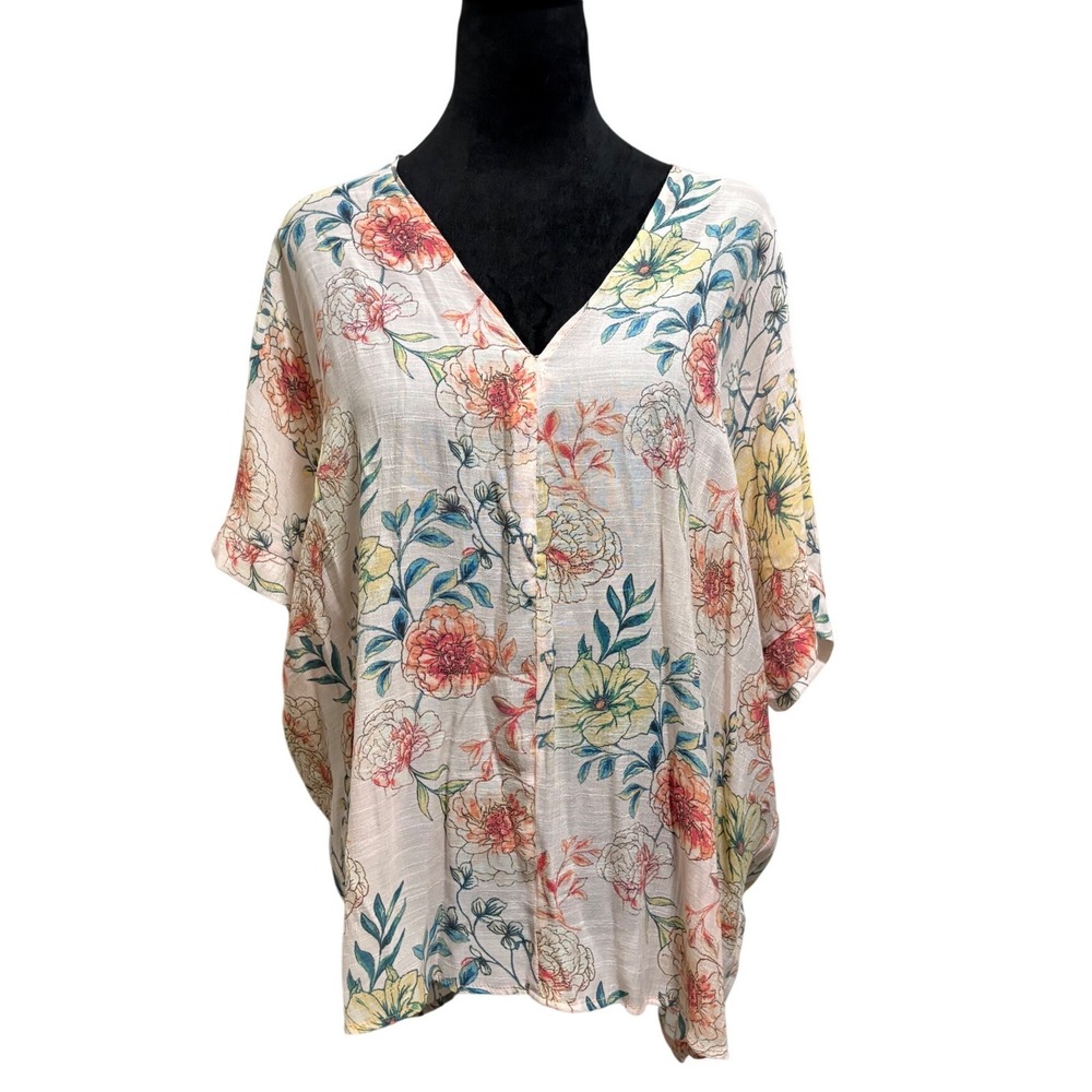 JODIFL Floral Kimono Top‎ Womens Medium Pink Yellow V-Neck Oversized C7854-5